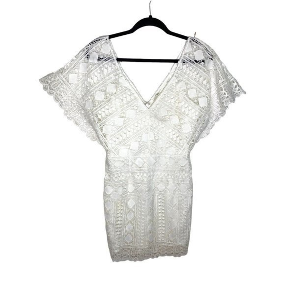Soieblu Dress Sz Medium Cream Beige Lace Cocktail Crotchet Bell Sleeve Beautiful